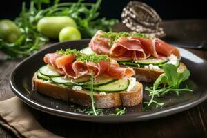 Sandwiches with cream cheese prosciutto cucumber and arugula on plate photo