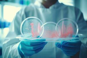 Close-up shot of lab worker holding bacteria dish photo