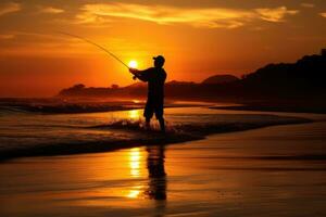 Silhouette of man fishing at sunset photo