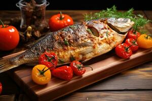 Roasted whole sea bream fish with vegetables photo