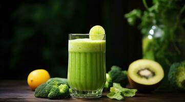 Smoothie close-up composition of fruits, vegetables and glass of detox drink photo