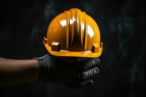 Human hand holding safety helmet photo