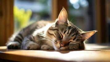 foto de gato dormido en el mesa en frente de el ventana. generativo ai