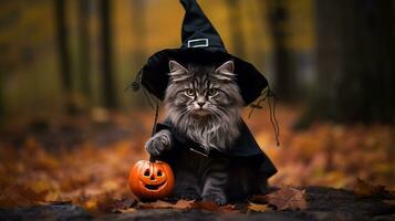 Photo of a cute cat wearing a Halloween costume. Generative AI