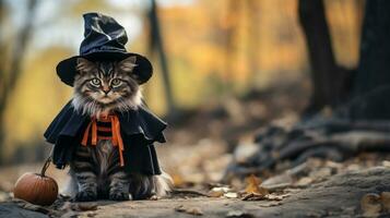 Photo of a cute cat wearing a Halloween costume. Generative AI