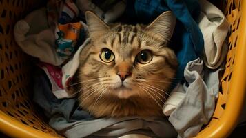 Photo of The cat is hiding in the clothes basket. Generative AI