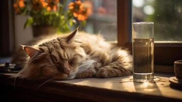 Photo of cat sleeping on the table in front of the window. Generative AI