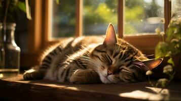 Photo of cat sleeping on the table in front of the window. Generative AI