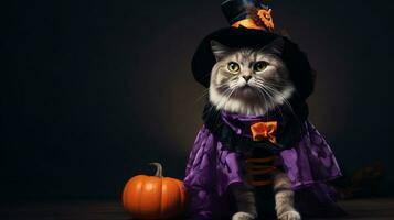 Photo of a cute cat wearing a Halloween costume. Generative AI