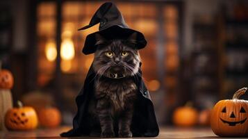 Photo of a cute cat wearing a Halloween costume. Generative AI