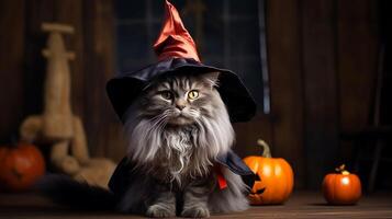 Photo of a cute cat wearing a Halloween costume. Generative AI