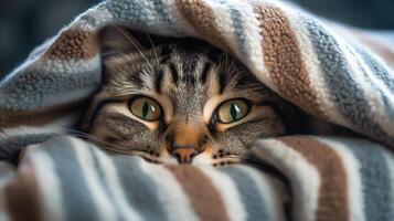 Photo of a funny cat curled up in blanket. Generative AI