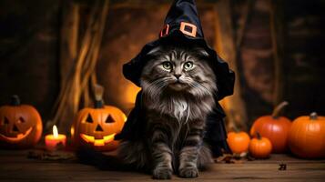 Photo of a cute cat wearing a Halloween costume. Generative AI