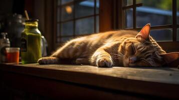 foto de gato dormido en el mesa en frente de el ventana. generativo ai