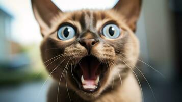 Close-up Photo of a funny shocked Tonkinese sticking out his tongue. Generative AI