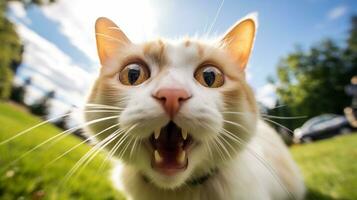 Close-up Photo of a funny shocked Turkish Van sticking out his tongue. Generative AI