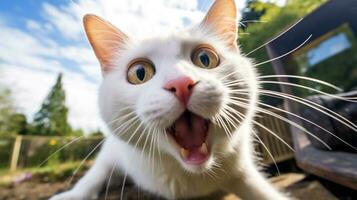 Close-up Photo of a funny shocked Turkish Van sticking out his tongue. Generative AI