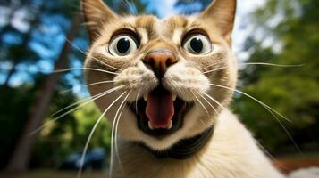 Close-up Photo of a funny shocked Tonkinese sticking out his tongue. Generative AI