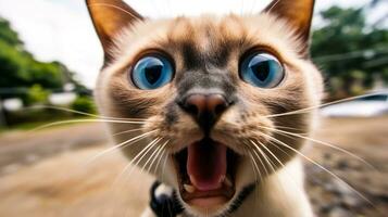 Close-up Photo of a funny shocked Tonkinese sticking out his tongue. Generative AI