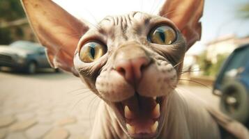 cerca arriba foto de un gracioso conmocionado sphynx pega fuera su lengua. generativo ai