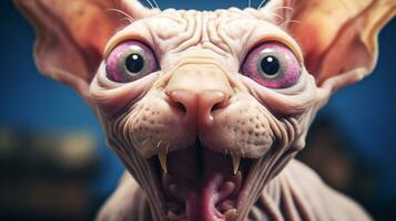 Close up Photo of a funny shocked Sphynx sticking out his tongue. Generative AI