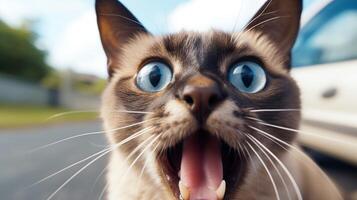 Close-up Photo of a funny shocked Siamese sticking out his tongue. Generative AI