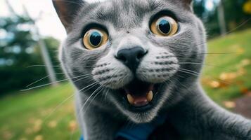 Close-up Photo of a funny shocked Russian Blue sticking out his tongue. Generative AI