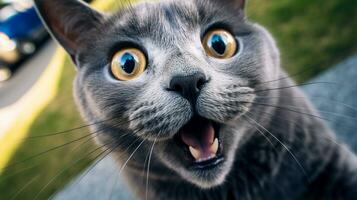 Close-up Photo of a funny shocked Russian Blue sticking out his tongue. Generative AI