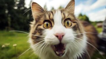 Close-up Photo of a funny shocked Norwegian Forest Cat sticking out his tongue. Generative AI