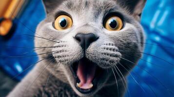 Close-up Photo of a funny shocked Russian Blue sticking out his tongue. Generative AI