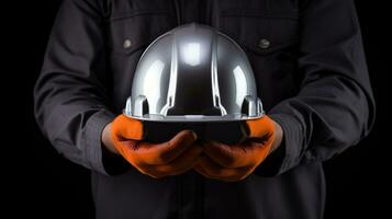 Human hand holding safety helmet photo