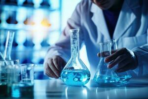 Scientist in laboratory analyzing blue substance in beaker, conducting medical research for pharmaceutical discovery photo