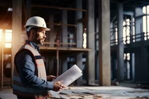 Professional engineer in protective helmet and blueprints paper at house building construction site. photo