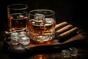 Whiskey and cigar on table photo