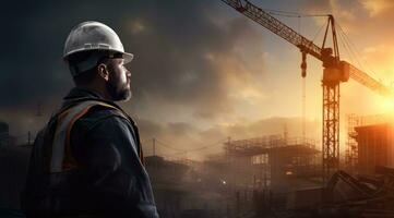 Professional engineer in protective helmet and blueprints paper at house building construction site. photo