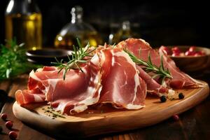 Slices of tasty cured ham with rosemary photo