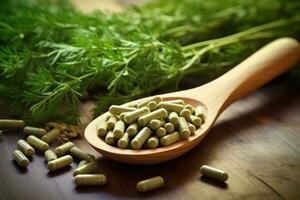 Green capsules with herbs on table photo