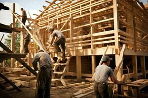 Skilled workers building wooden residences. photo