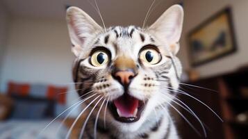 Close-up Photo of a funny shocked Egyptian Mau sticking out his tongue. Generative AI