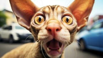 Close-up Photo of a funny shocked Cornish Rex sticking out his tongue. Generative AI