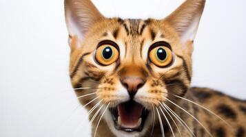 Close-up Photo of a funny shocked Bengal sticking out his tongue isolated on a black background. Generative AI