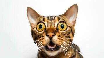 Close-up Photo of a funny shocked Bengal sticking out his tongue isolated on a black background. Generative AI