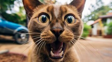 Close-up Photo of a funny shocked Burmese cat sticking out his tongue. Generative AI