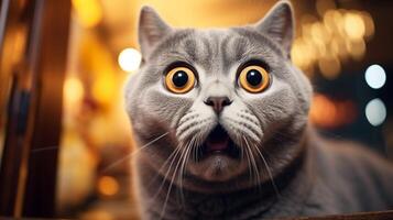 Close-up Photo of a funny shocked British Shorthair sticking out his tongue. Generative AI