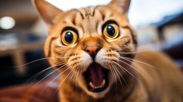 Close-up Photo of a funny shocked British Shorthair sticking out his tongue. Generative AI