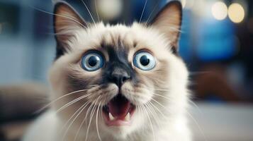 Close-up Photo of a funny shocked Birman sticking out his tongue. Generative AI