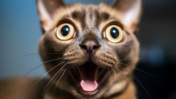 Close-up Photo of a funny shocked Burmese cat sticking out his tongue. Generative AI