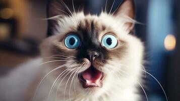 Close-up Photo of a funny shocked Birman sticking out his tongue. Generative AI