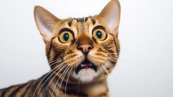 Close-up Photo of a funny shocked Bengal sticking out his tongue isolated on a black background. Generative AI