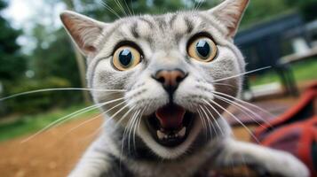 de cerca foto de un gracioso conmocionado burmilla gato pega fuera su lengua. generativo ai